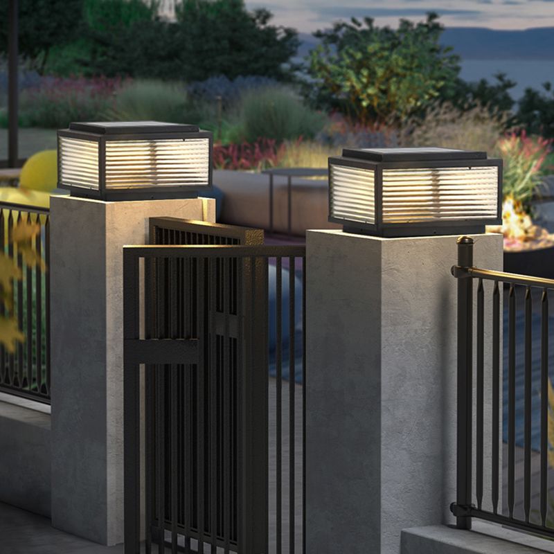 Metal Rectangle Shape Outdoor Light Modern Style 1 Light Solar Pillar Lights in Black