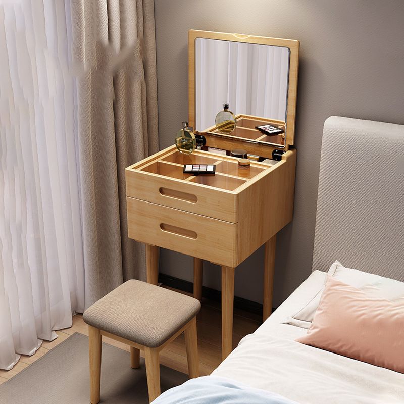 Solid Wood Flip-top Vanity Set Mirrored Vanity Desk Stool Set
