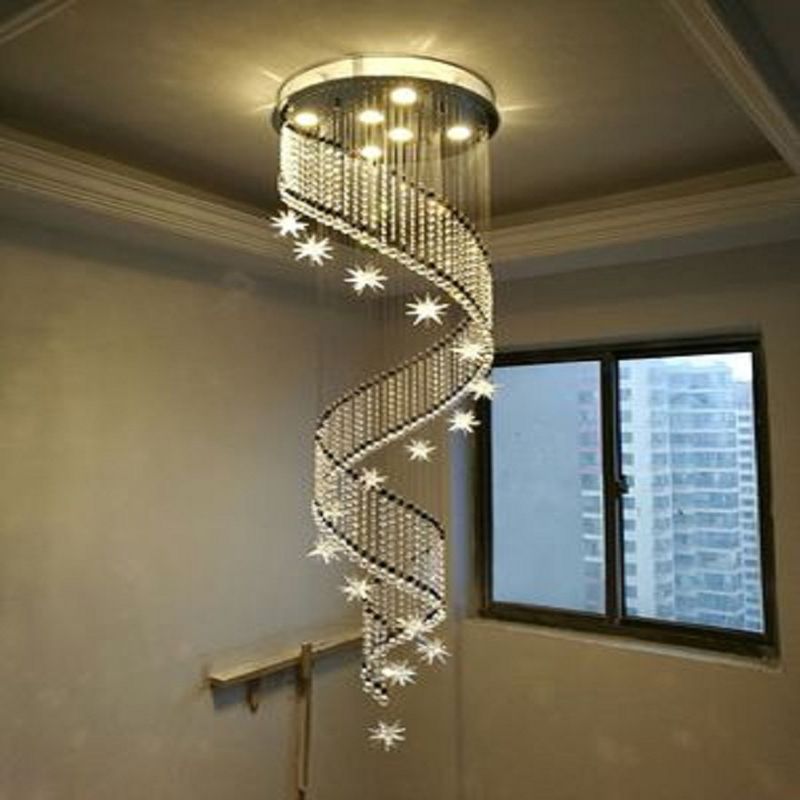Iluminación colgante de cristal espiral lujosa luz de techo de led cromo moderno para escaleras