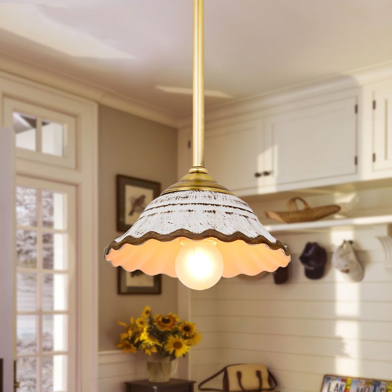 Bowl Shaped Ceramic Drop Pendant Rural Single Dining Room Pendulum Light with Scalloped Trim in White