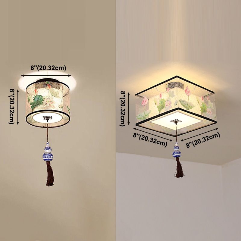 Quadratisch/Rund Flush Mount Licht Stoff Schatten Chinesische Stil Bündig Deckenleuchte