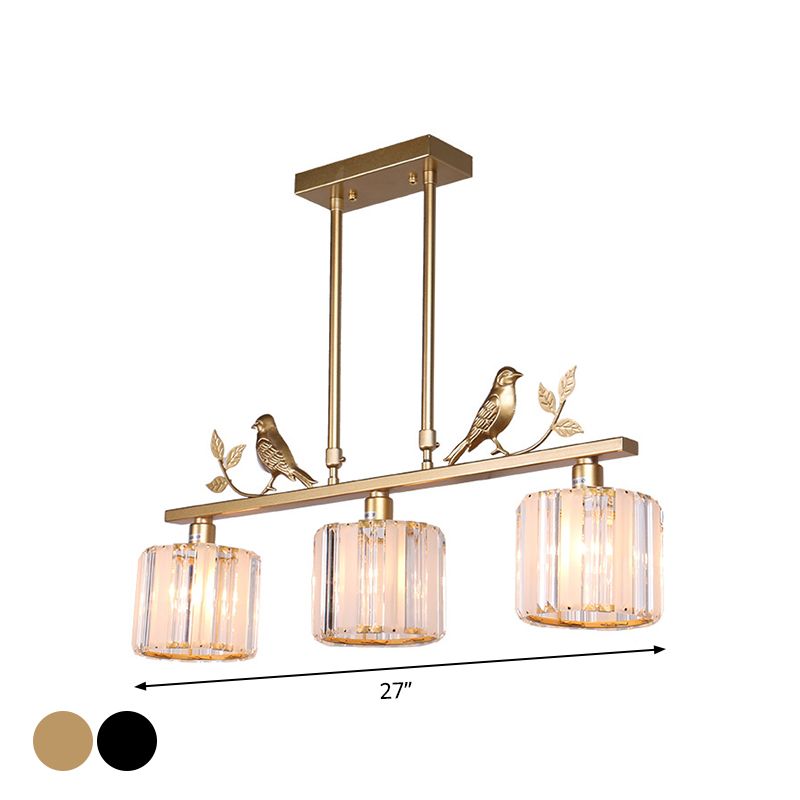 3-Bulb Cylinder Hanging Island Light Postmodern Black/Gold Crystal Prism Pendant Lamp with Bird and Leaf Decoration