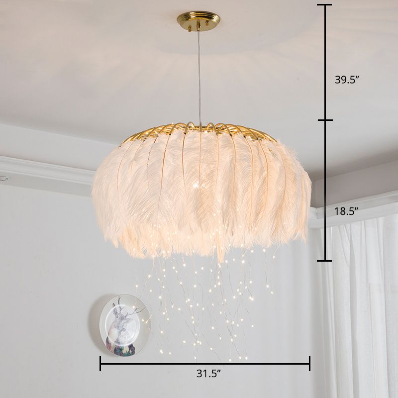 Round Chandelier Nordic Feather Bedroom Ceiling Pendant Light with Firefly LED String