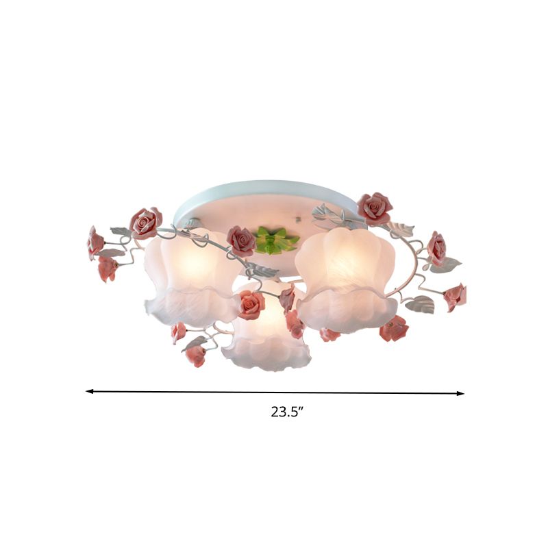 Lámpara empotrada de vidrio ópalo soplado con boca rosa para montaje en techo, 3 bombillas, color rosa, para dormitorio