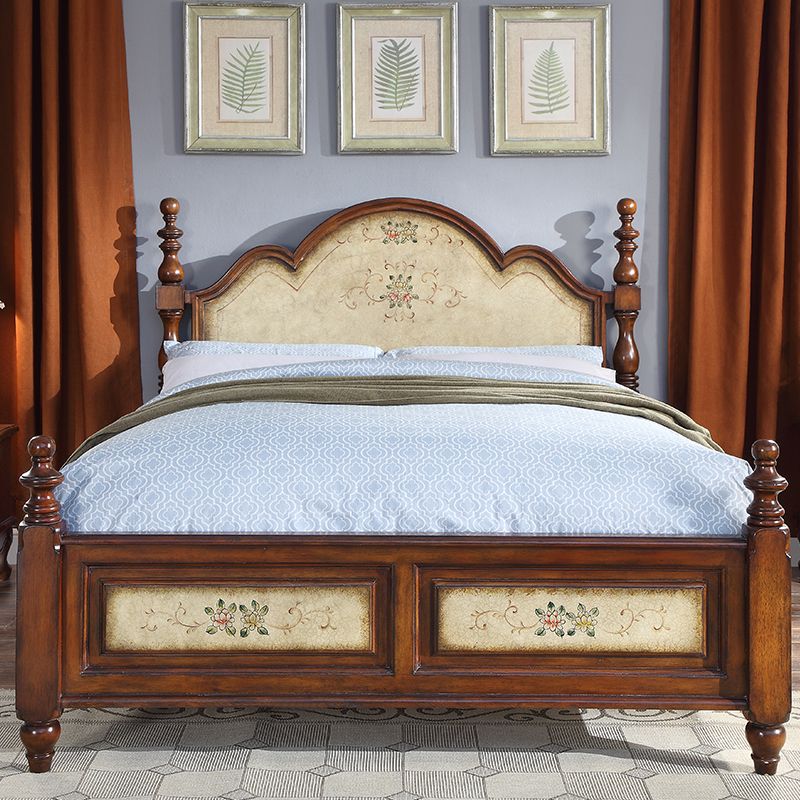 Traditional Wooden Panel Standard Bed, Arched Headboard Bed with Distressed Wood