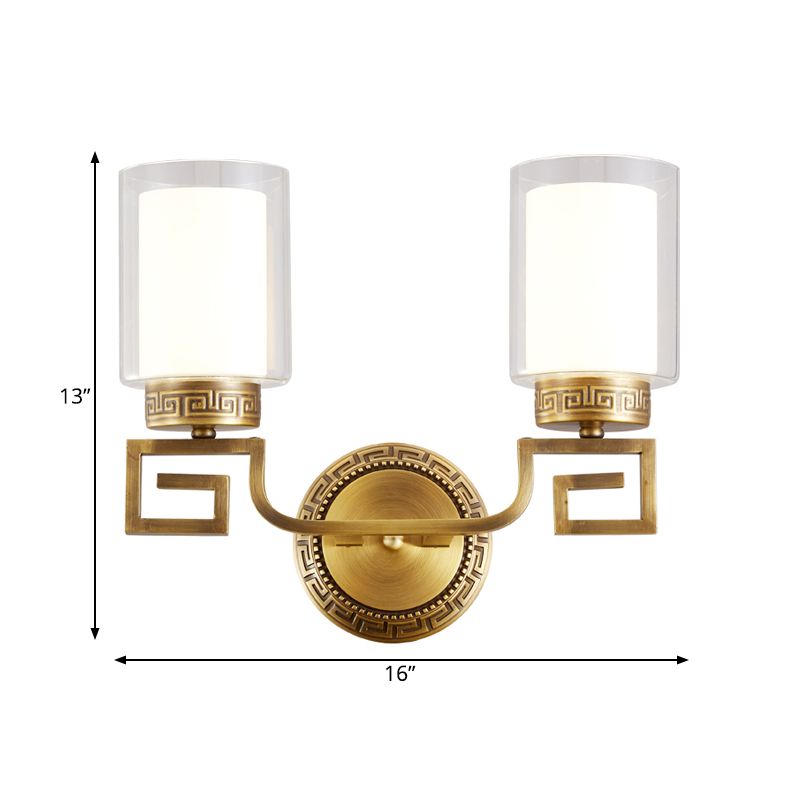 Cylinder Double Glass Wall Sconce Lamp Modernism Style 2 Lights Corridor Wall Light in Brass