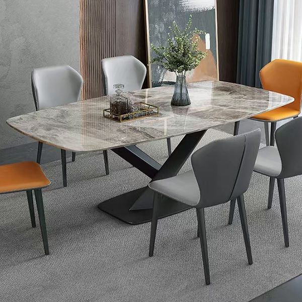 Modern Rectangular White Stone Top Dining Table with Steel Black X-Base