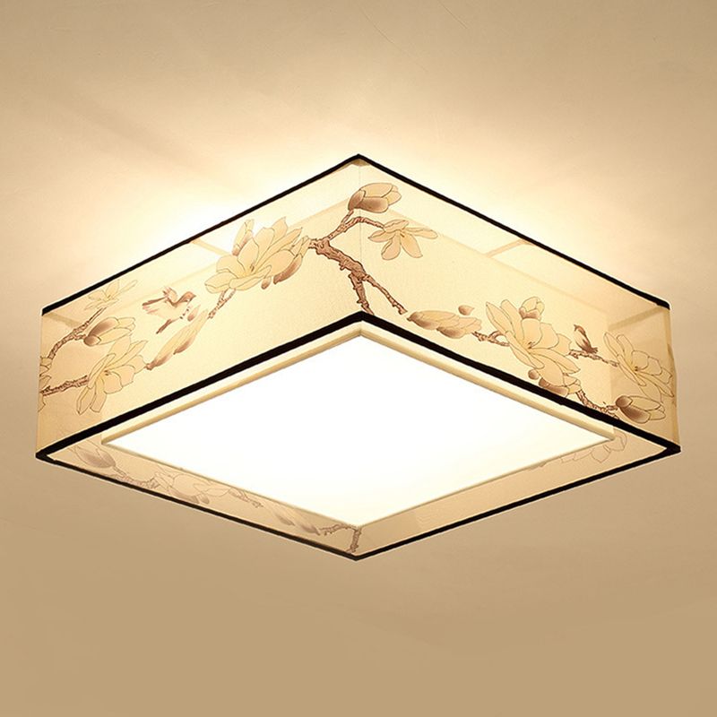 Squared Flush Mount Light Fixture Traditional Beige Fabric Flushmount Ceiling Lamp
