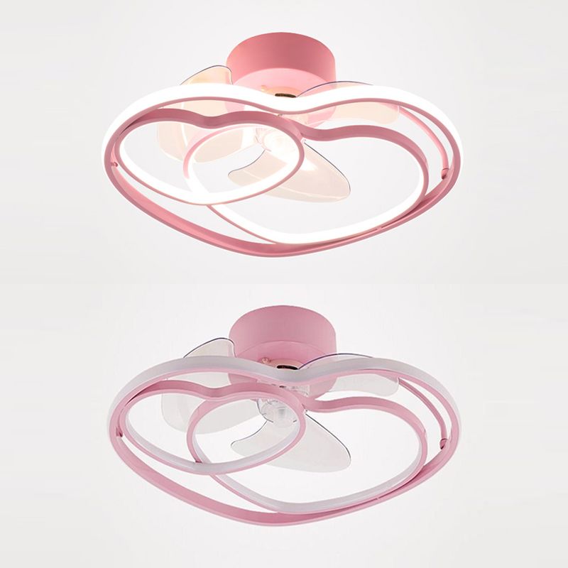 Heart Shaped Semi Flush Mount Fan Lamp Cartoon Metal Bedroom LED Ceiling Fan with Light