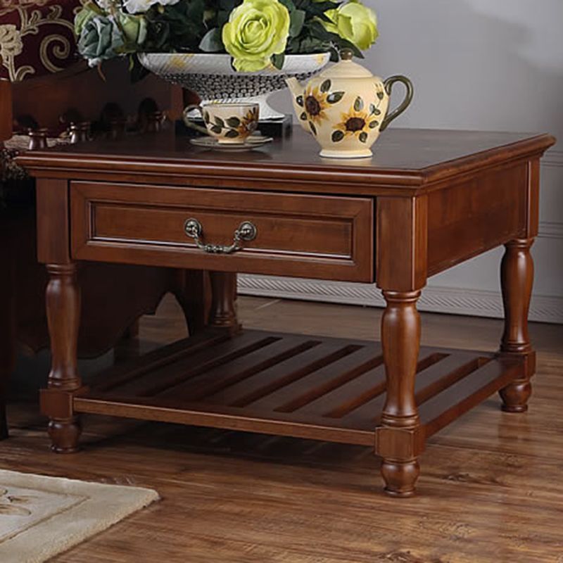 French Country Wood End Table Double Tier Square Sofa Side Table with Storage