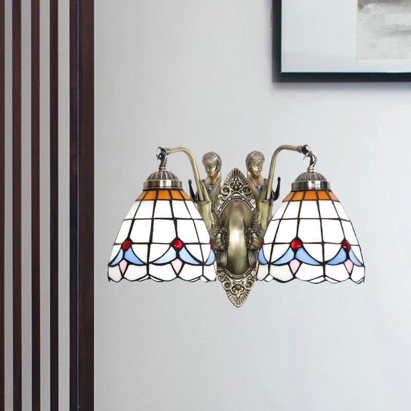 Mermaid Metal Wall Light Baroque 2-Head White/Blue Sconce with Domed Stained Art Glass Shade