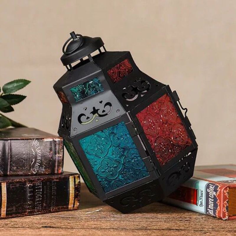 1 Candlestick Light Candlestick Light Turkey Style Black Metallic Night Lampe avec une teinte en verre texturée colorée