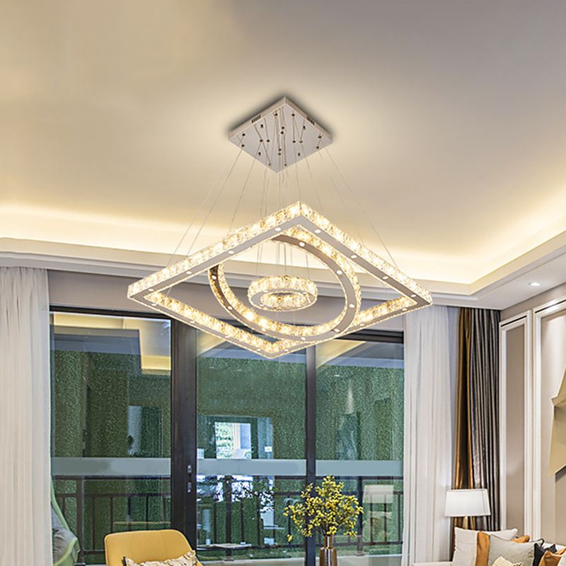 LED Living Room Ceiling Lamp Simple Stainless-Steel Chandelier with Round and Square Crystal Shade in Warm/White Light