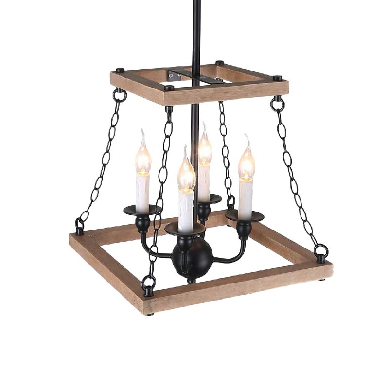 Lampe à lustre trapézoïde marron avec ferme de bougies sans flamme en métal et en bois à 4 feuilles de cuisine lampe suspendue