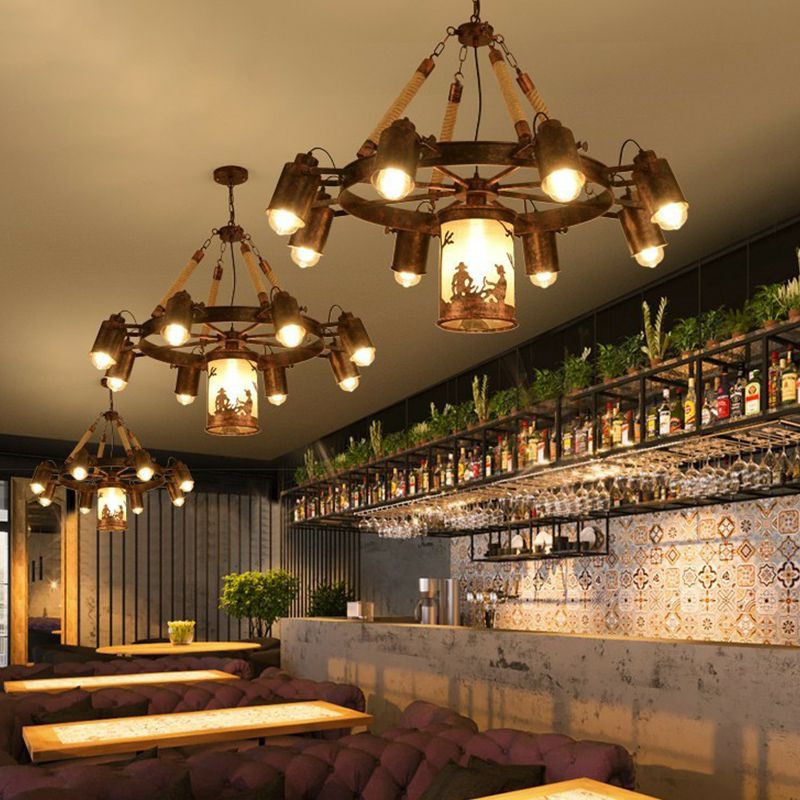 8 Lights Iron Adjustable Chandelier Pendant Industrial Black/Rust Wheel Restaurant Ceiling Spotlight with Rope Accent