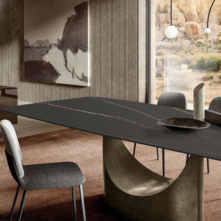 Metal Traditional Luxury Rectangle Dining Table Black Sintered Stone Indoor Table with Pedestal