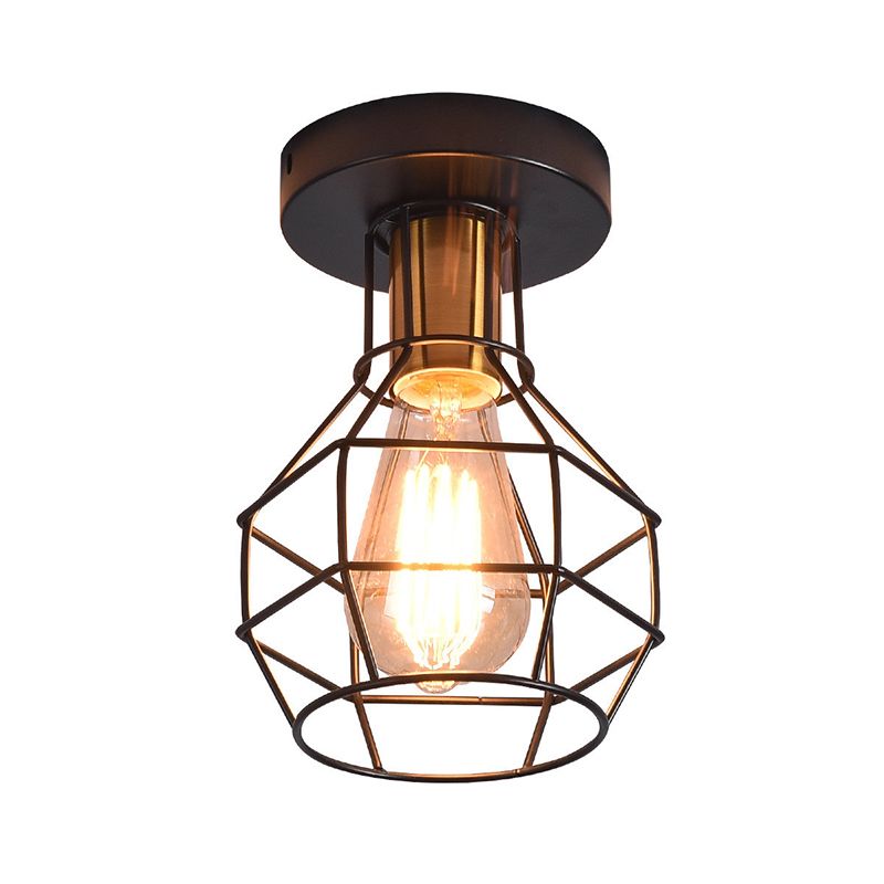 Luz de techo de balcón industrial de montura semi de montura de 1 luz con jaula de metal en forma de bola en negro