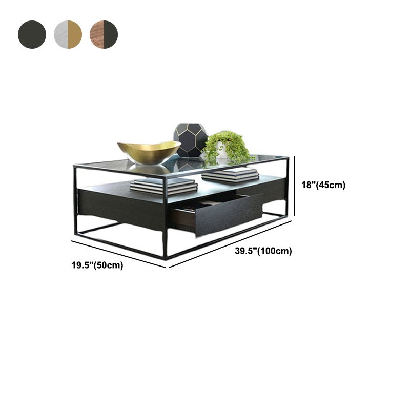17.7" H Modern Rectangle Glass Coffee Table Metal Frame Cocktail Table with Storage