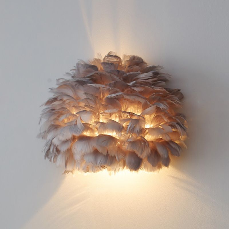 Modern Metal Wall Sconce Geometric Shape Wall Light with Feather Shade for Bedroom