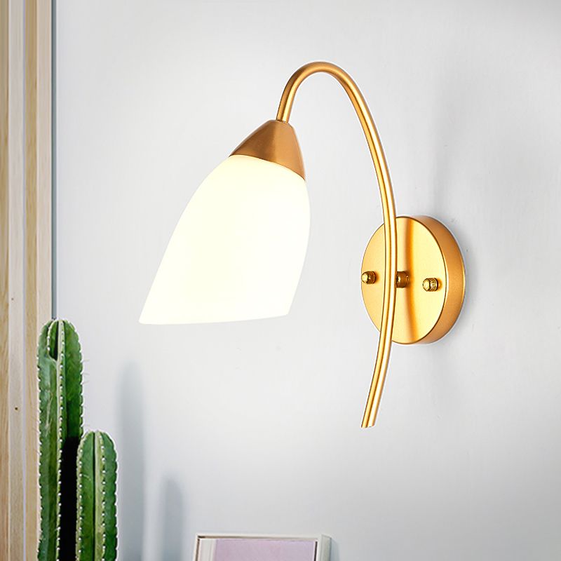 1 Head Bedroom Sconce Light Modernism Gold Wall Mount Lamp with Flare White Glass Shade