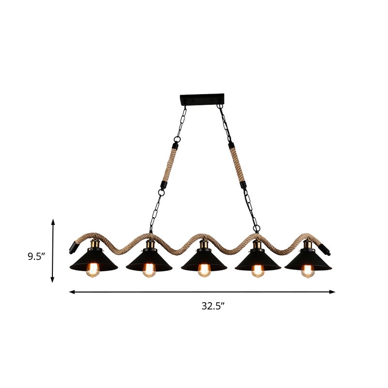 Farmhouse Style Conic Island Lamp 3/5 Bulbs Metal and Rope Pendant Light with Wavy Design in Black