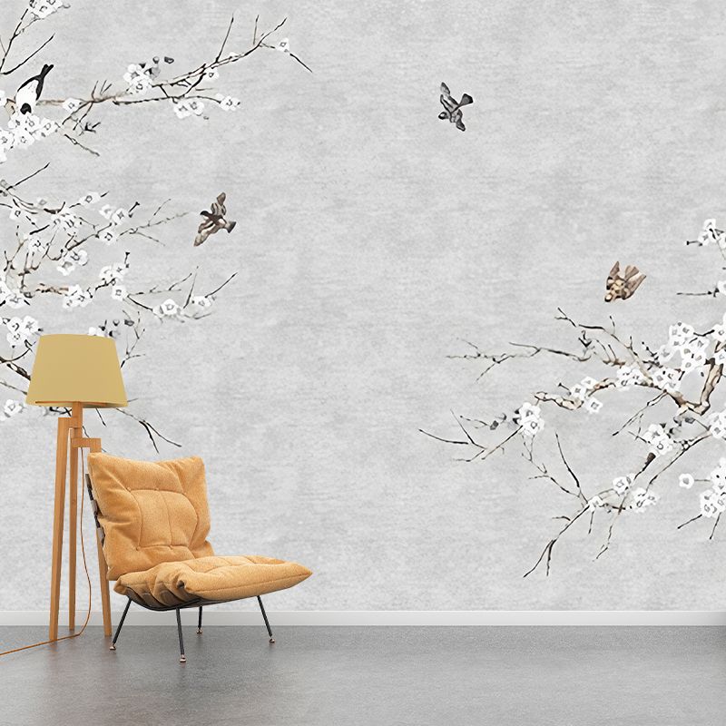 Enormous Branch and Bird Mural Wallpaper for Accent Wall in Grey, Stain-Resistant