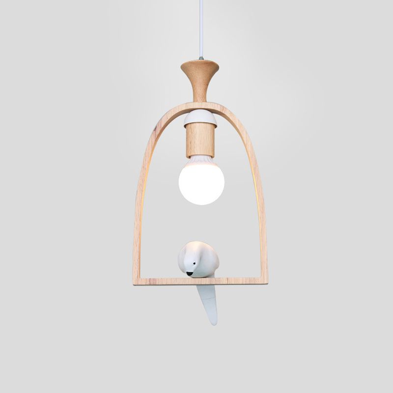 Single Dinette Hanging Pendant Nordic Green/White Ceiling Light with Arch Wood Frame and Bird Decoration