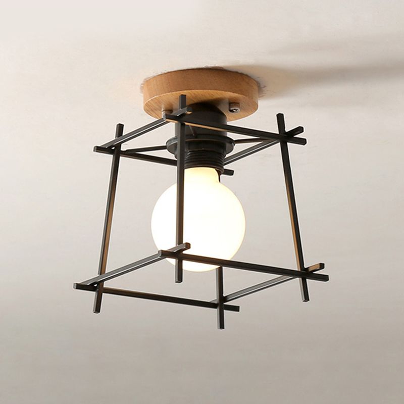 Black Finish Frame Flush Lighting Modern 1 Bulb Iron Flush Mount Ceiling Lamp with Circle Metal/Wood Canopy