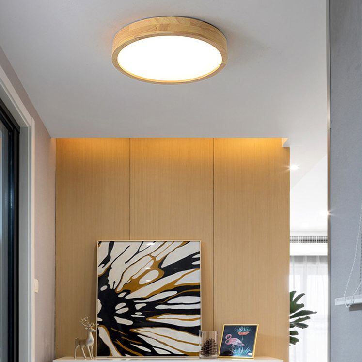 Circle Flush-Mount Light Fixture Modern Style Wooden LED Bedroom Flush Ceiling Light Fixture in Wood