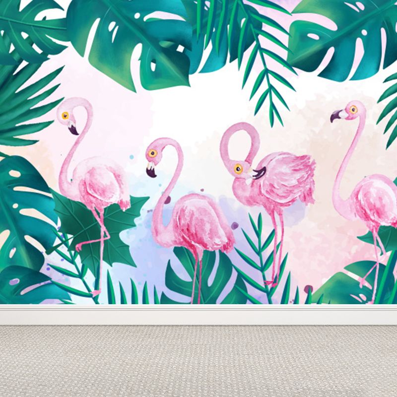 Stain Resistant Flamingos Wall Mural Non-Woven Tropical Wall Decor for Girls Room