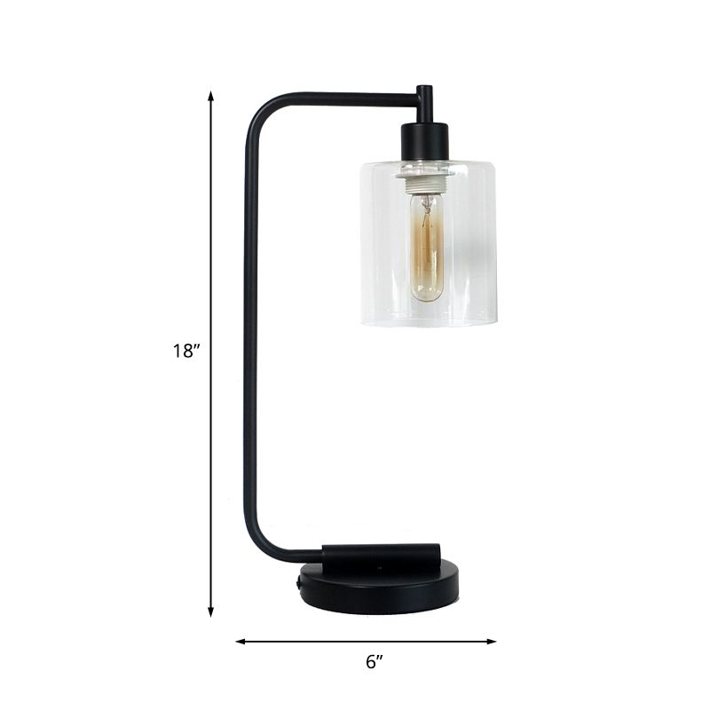 Industrial Cylindrical Night Table Lighting 1-Head Clear Glass Nightstand Light in Black for Bedroom