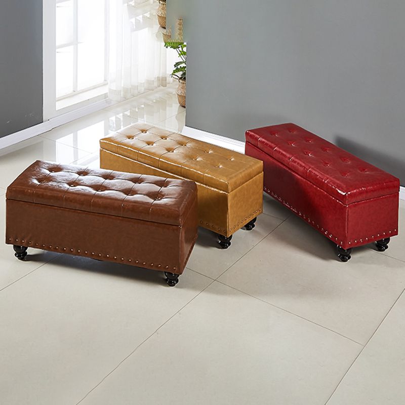 Traditional Faux Leather Ottoman Plian Tufted Nailhead Trim Rectangle Ottoman with Storage