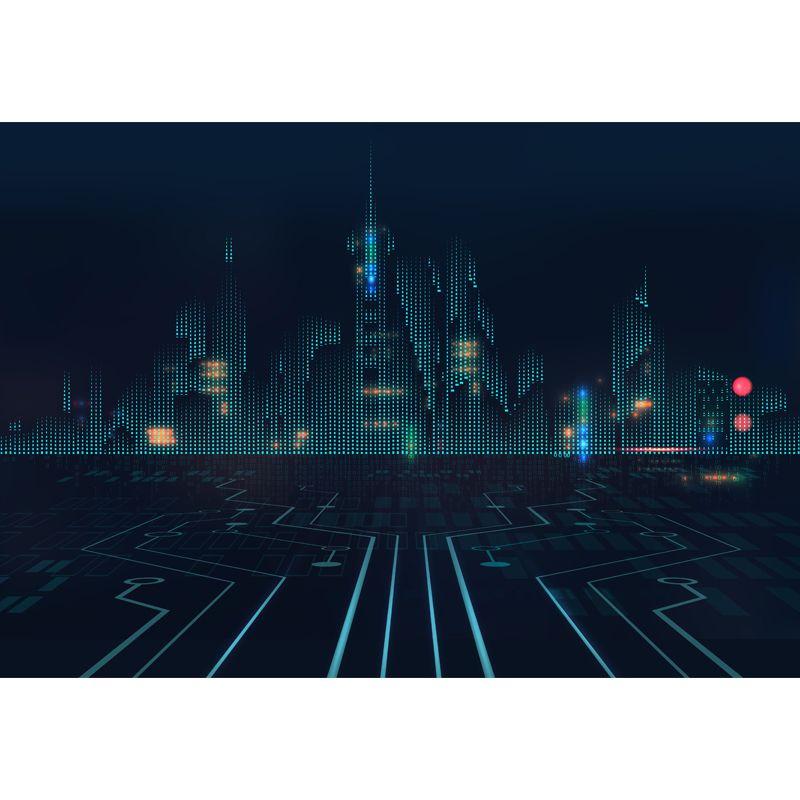 Dark Blue City Architectural Mural Moisture Resistant Wall Covering for Adults Room