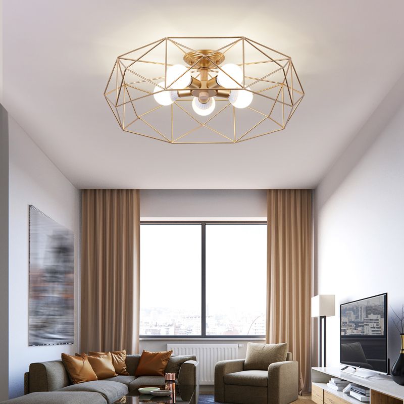 Industrial Flush Light Fixtures Cage-Shaped Iron Flush Mount Lamps for Bedroom