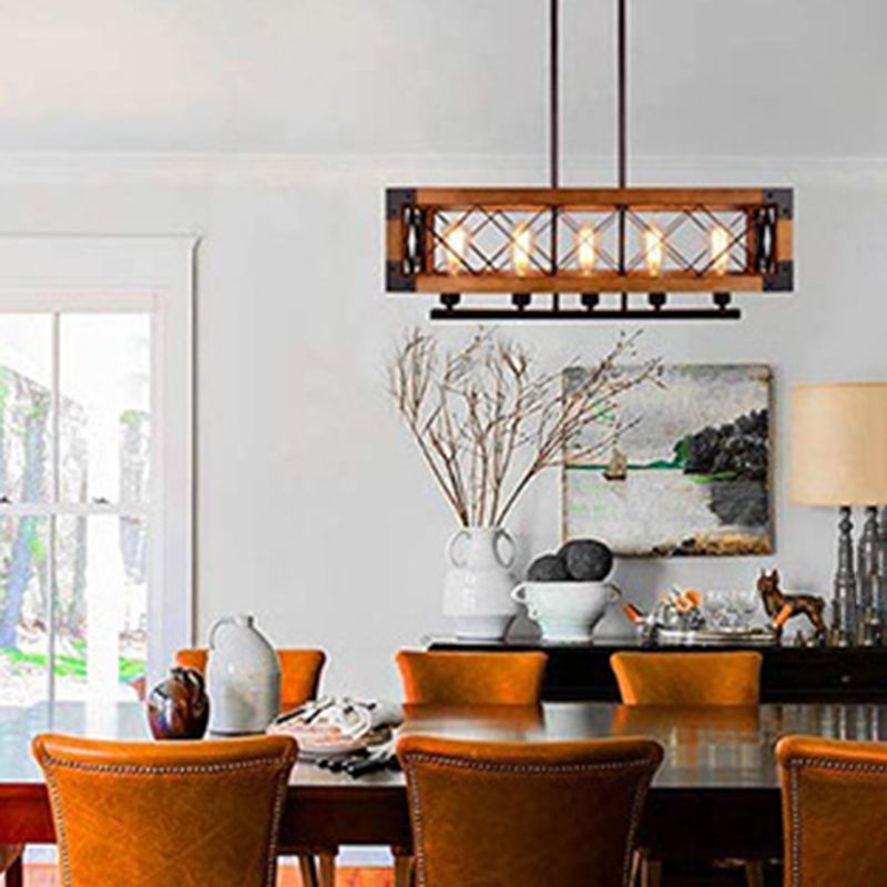 Iron Frame Black Island Light in Industrial Retro Style Wooden 5-Light Pendant Light for Dining Room