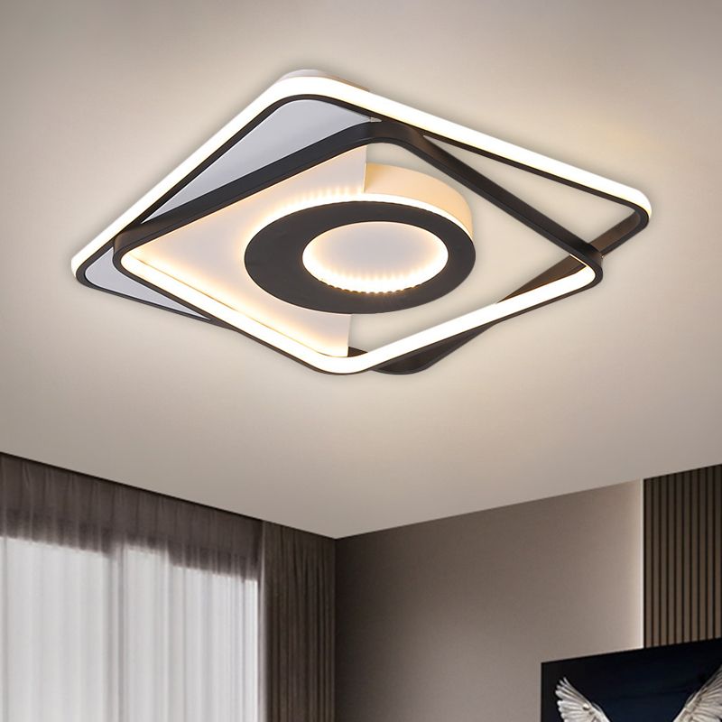 Black-White Interlaced Square Semi Flush Nordic LED Acrylic Close to Ceiling Lamp in Warm/White Light, 16"/20" Wide