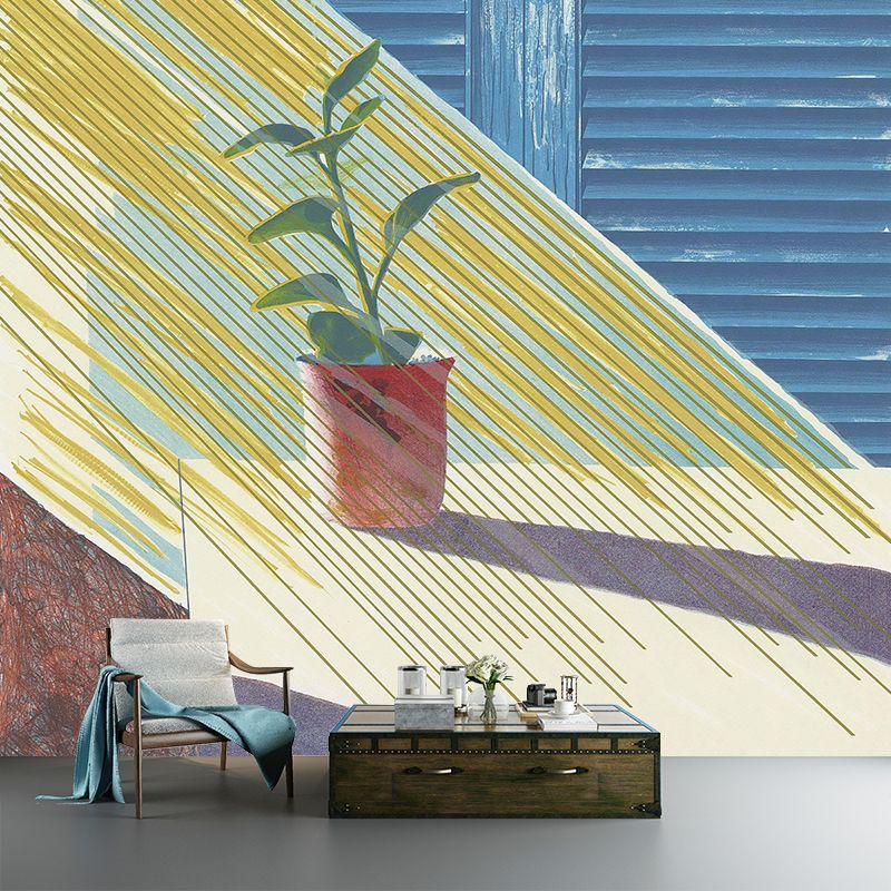 Yellow-Blue Art Wall Mural Decal Huge Sunshine on Pot Plant Drawing Wall Decoration for Home