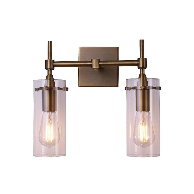 Clear Glass Cylinder Wall Sconce Modern 2 Lights Dining Room Lighting Fixture in Aged Brass