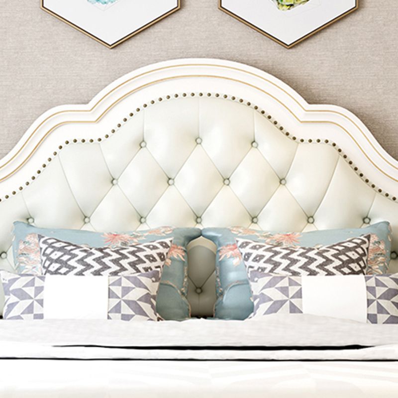 Victorian White Wooden Bed with Camelback Headboard and Nailhead Trim