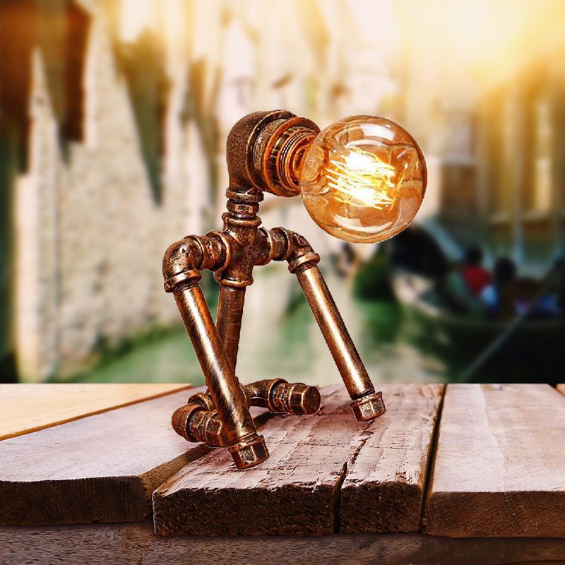 Standing/Sitting Robot Metallic Table Light with Pipe Industrial Stylish 1 Bulb Coffee Shop Table Lamp in Bronze