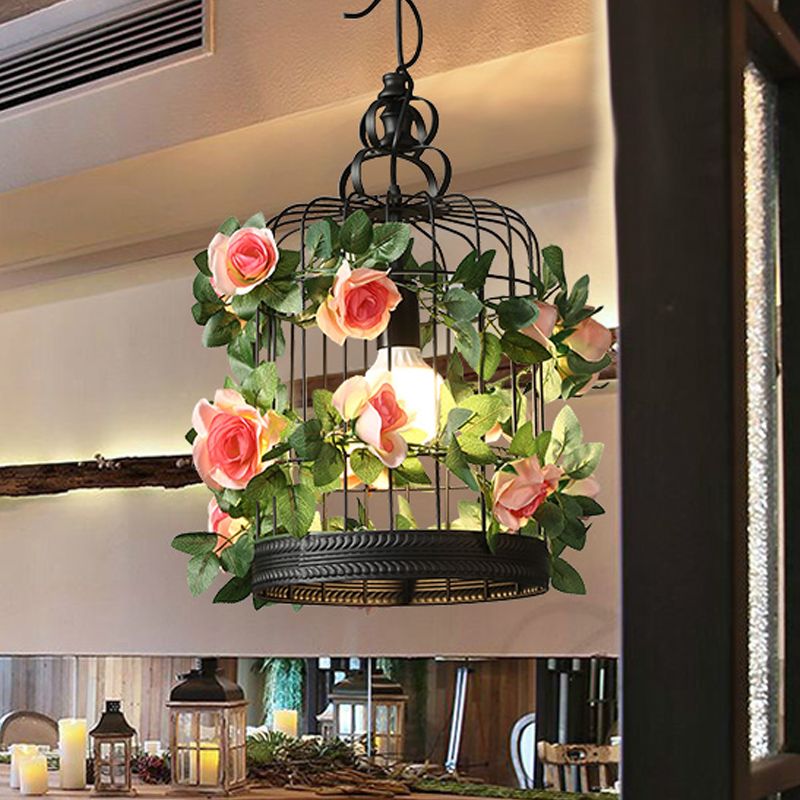 Black 1 Bulb Ceiling Light Industrial Metal Birdcage LED Pendant Lamp with Flower Decoration