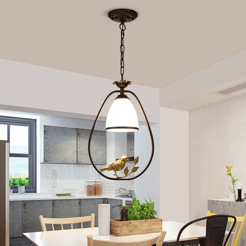 Crema Glass Bell Sospension Light Cottage Camera singola sala da pranzo Luce a soffitto con arredamento per uccelli in nero