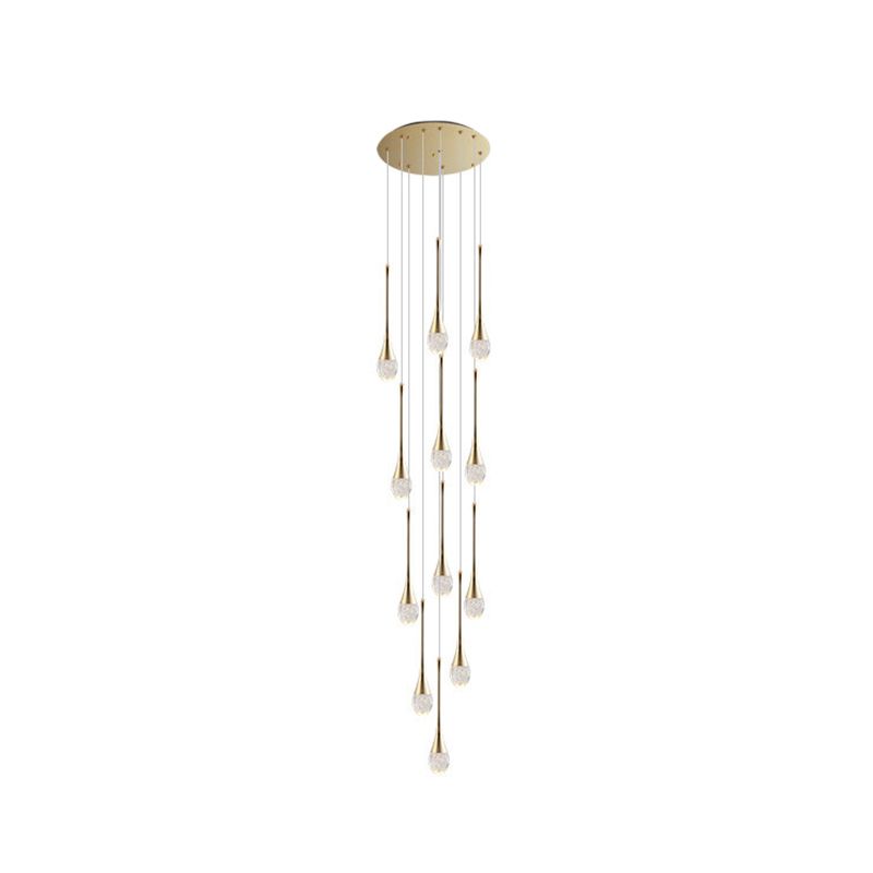 Modern Brass Crystal Hanging Light Long LED Cone Cascade Pendant Lights for Stairwell