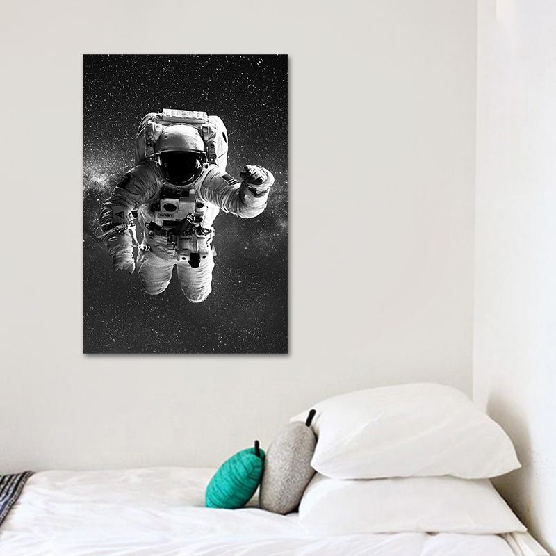 Black Spaceman and Moon Art Print Astronomy Kids Textured Wall Decor for Bedroom