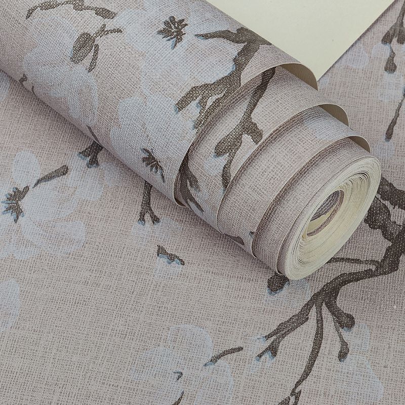 Vinyl Wallpaper with Dense Flower Pattern, Pastel Grey, 57.1 sq ft.