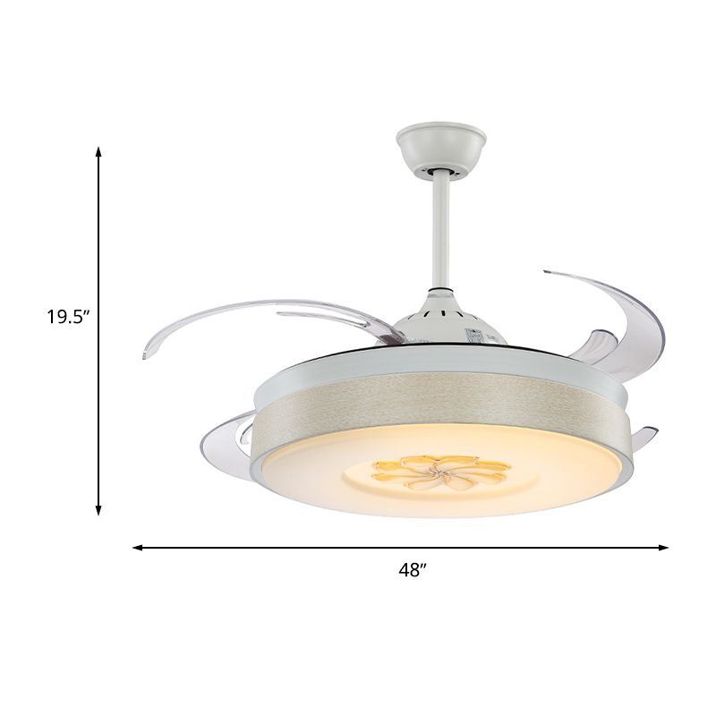 Moderne Style -Trommelform LED -Deckenlüfter 6 Windgeschwindigkeit 8 Reversible Blatt Acryl weiße Halbflush Mount Light