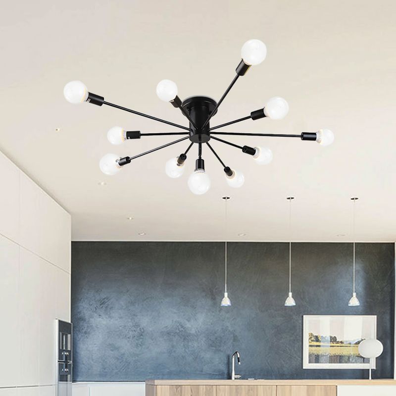 6/8 Heads Bare Bulb Semi Flush Mount Light Vintage Style Black/White Metallic Ceiling Light Fixture for Kitchen