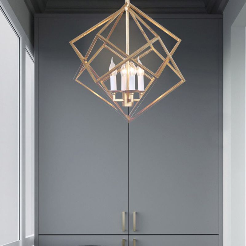 4 Lights Metal Pendant Chandelier Classic Gold Rhombus Living Room Hanging Ceiling Fixture with Candle Shade