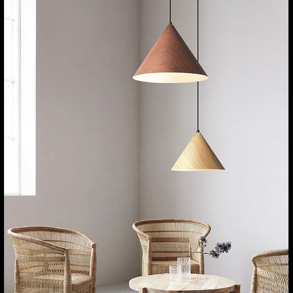 Modern Cone Pendant Lighting Fixture 1-Light Restaurant Hanging Pendant Light with Wood Shade