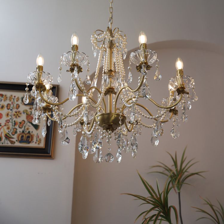 American Chandelier Brass Multi Light Hanging Light with Crystal for Bedroom